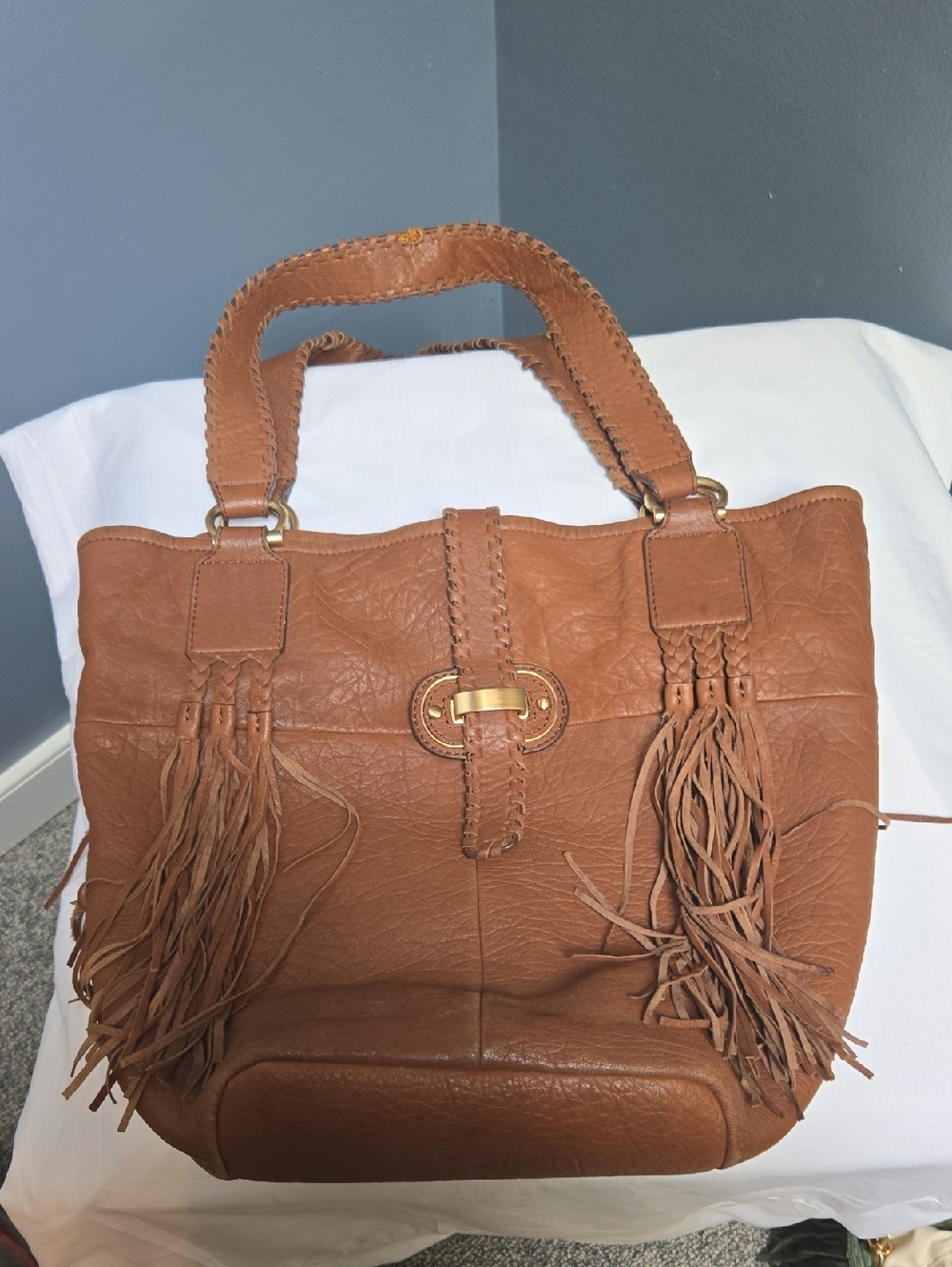 David & Scotti Brown Buttery Soft Whipstitched Leather Fringe Shoulder Bag
